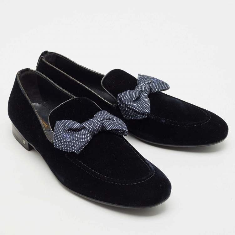 Pre Owned Louis Vuitton Navy Blue Velvet Tuxedo Bow Loafers Size 43