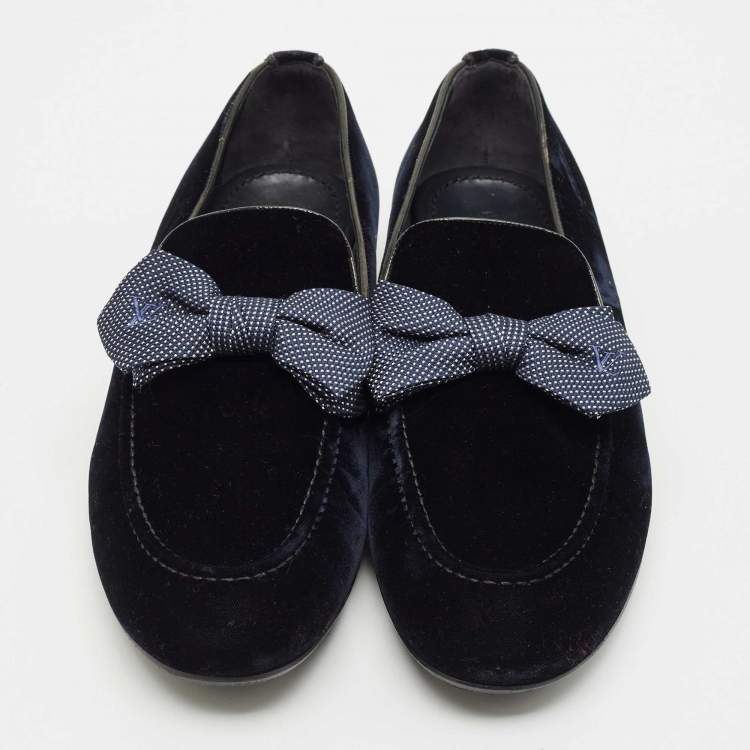 Pre Owned Louis Vuitton Navy Blue Velvet Tuxedo Bow Loafers Size 43