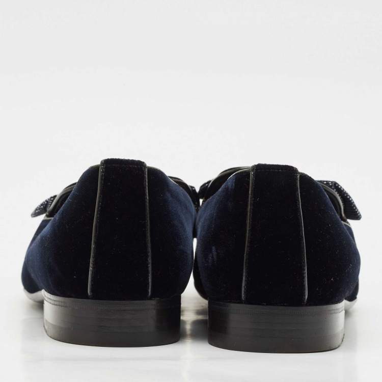 Pre Owned Louis Vuitton Navy Blue Velvet Tuxedo Bow Loafers Size 43