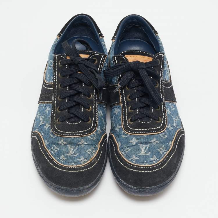 Pre Owned Louis Vuitton Blue/Black Monogram Denim and Suede Low Top Sneakers Size 41