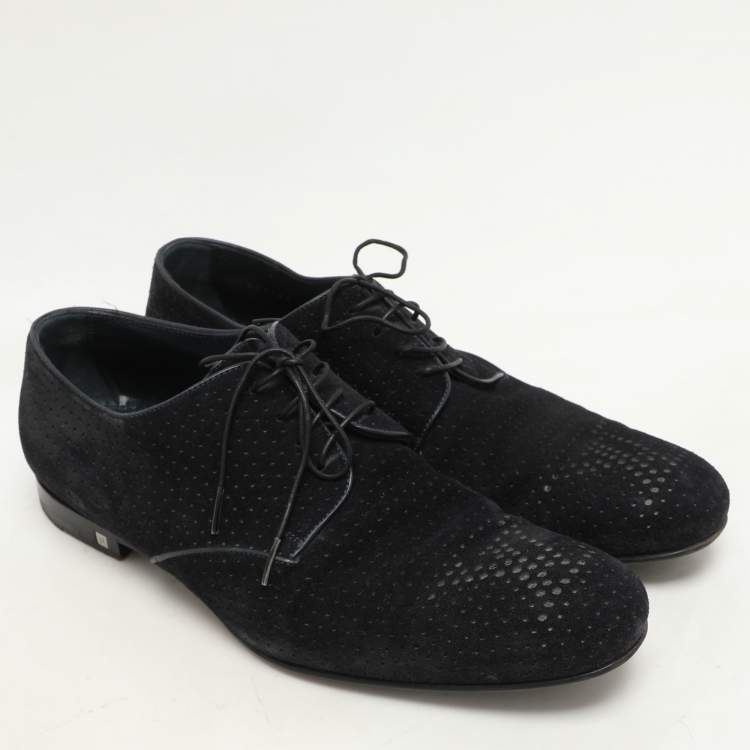 Pre Owned Louis Vuitton Dark Navy Blue Perforated Suede Solferino Derby Size 42