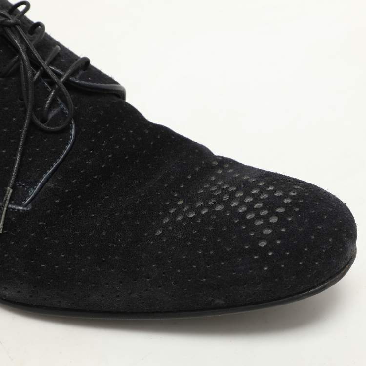 Pre Owned Louis Vuitton Dark Navy Blue Perforated Suede Solferino Derby Size 42