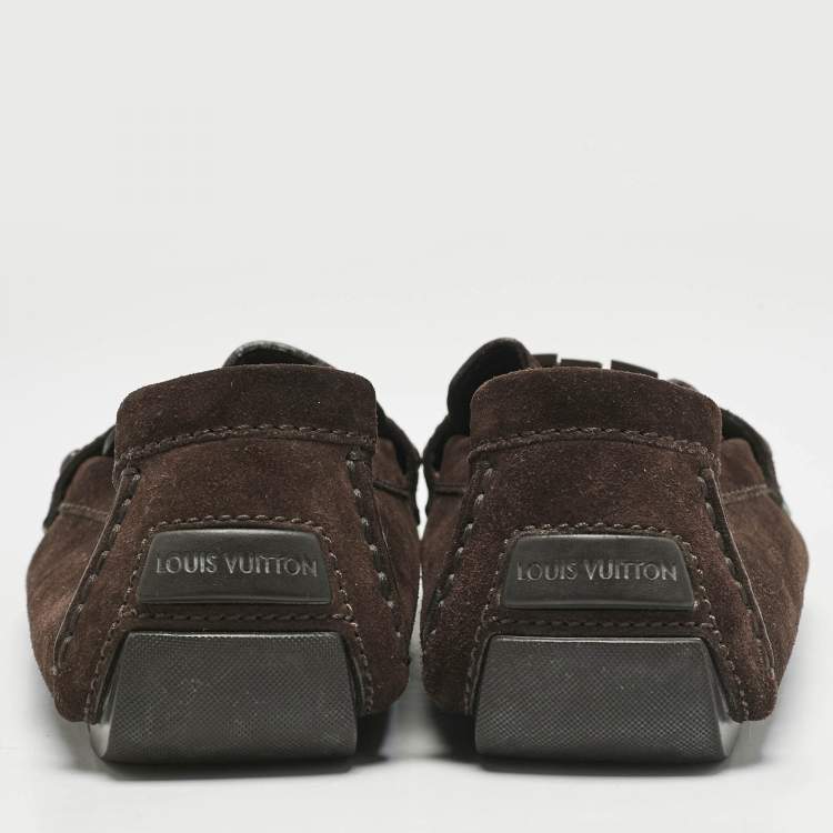 Pre Owned Louis Vuitton Dark Brown Suede Hockenheim Slip On Loafers Size 42.5