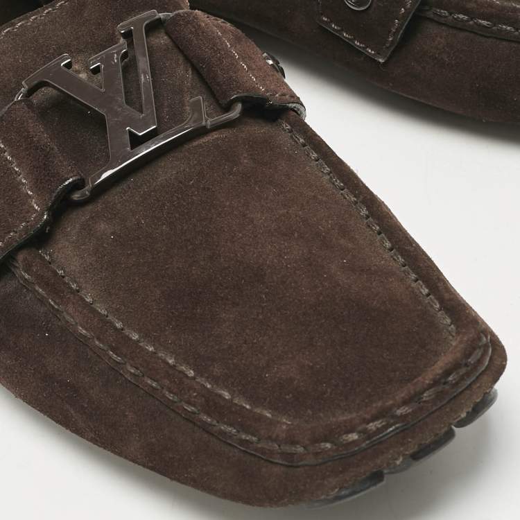 Pre Owned Louis Vuitton Dark Brown Suede Hockenheim Slip On Loafers Size 42.5