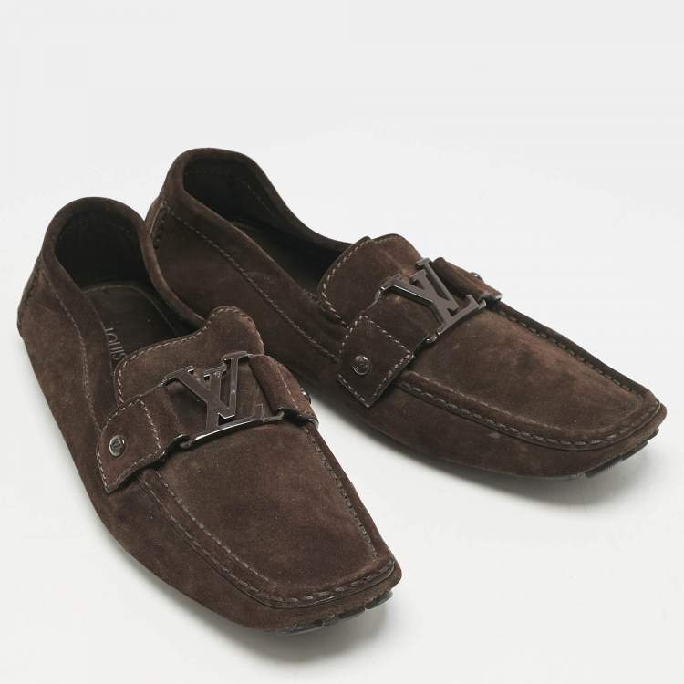 Pre Owned Louis Vuitton Dark Brown Suede Hockenheim Slip On Loafers Size 42.5