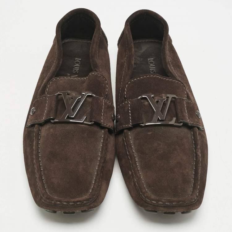 Pre Owned Louis Vuitton Dark Brown Suede Hockenheim Slip On Loafers Size 42.5