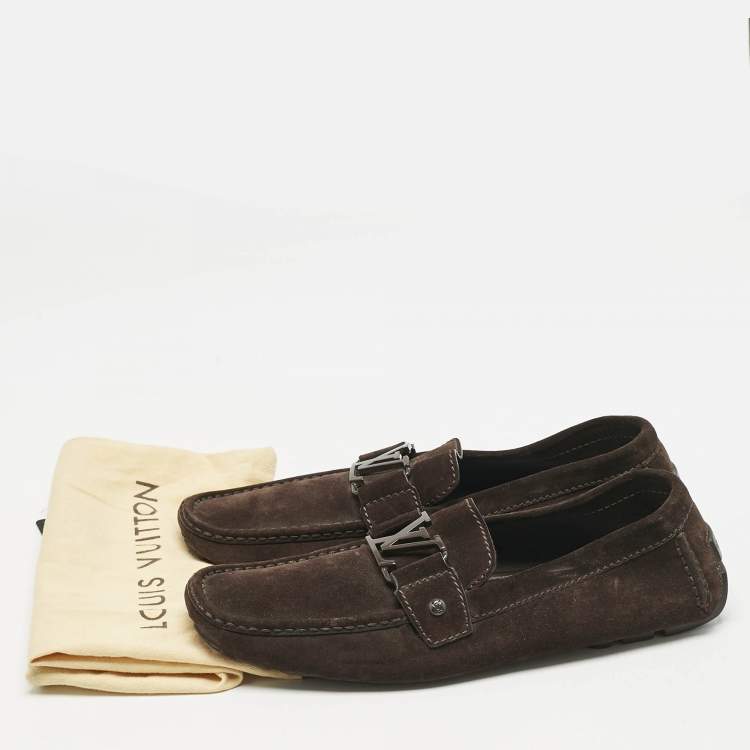 Pre Owned Louis Vuitton Dark Brown Suede Hockenheim Slip On Loafers Size 42.5