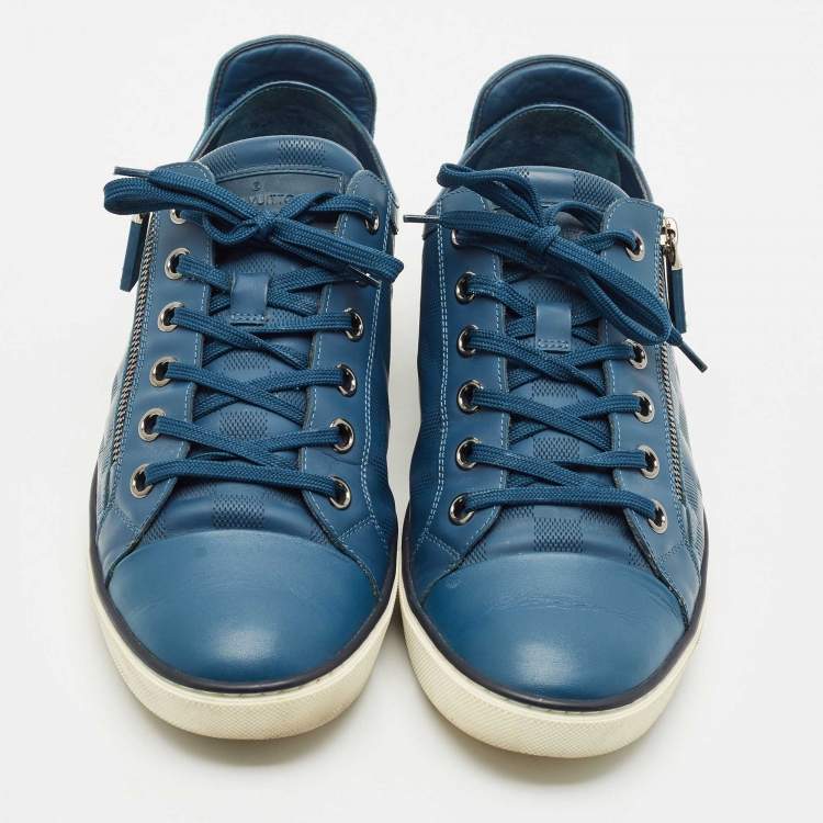 Pre Owned Louis Vuitton Blue Damier Embossed Leather Challenge Zip Up Sneakers Size 42.5