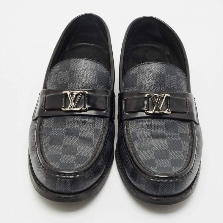 Pre Owned Louis Vuitton Black Leather Damier Embossed Santiago Loafers Size 43