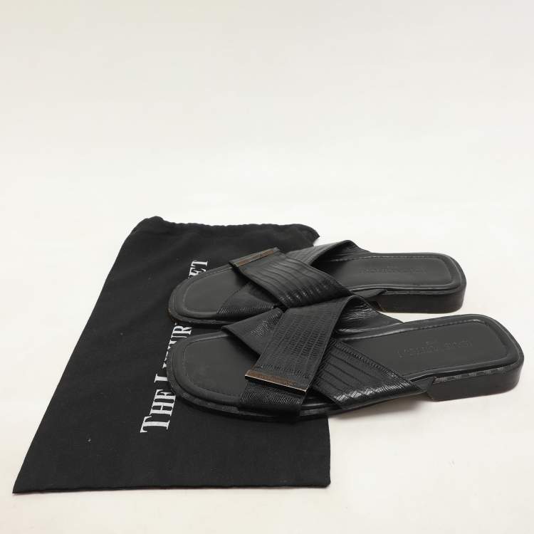 Pre Owned Louis Vuitton Black Lizard Leather Criss Cross Flats Size 43.5