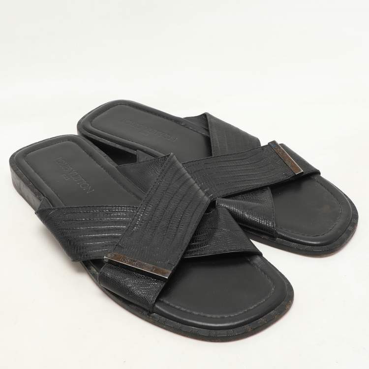 Pre Owned Louis Vuitton Black Lizard Leather Criss Cross Flats Size 43.5