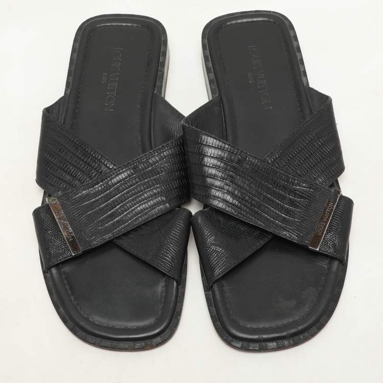 Pre Owned Louis Vuitton Black Lizard Leather Criss Cross Flats Size 43.5