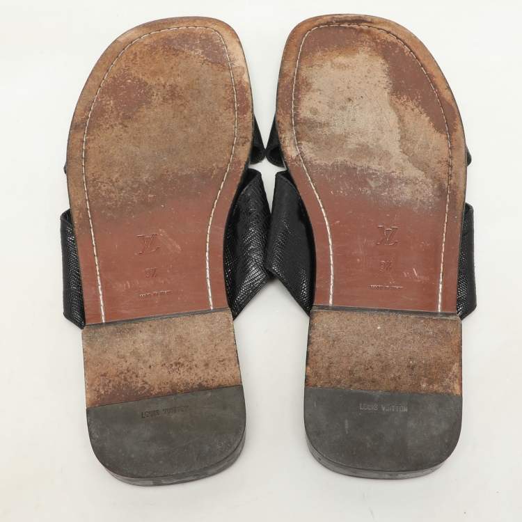 Pre Owned Louis Vuitton Black Lizard Leather Criss Cross Flats Size 43.5
