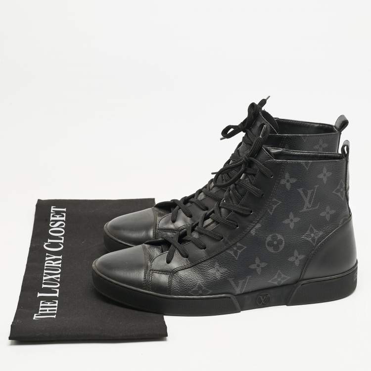Pre Owned Louis Vuitton Black Monogram Eclipse Canvas and Leather Match Up High Top Sneakers Size 40