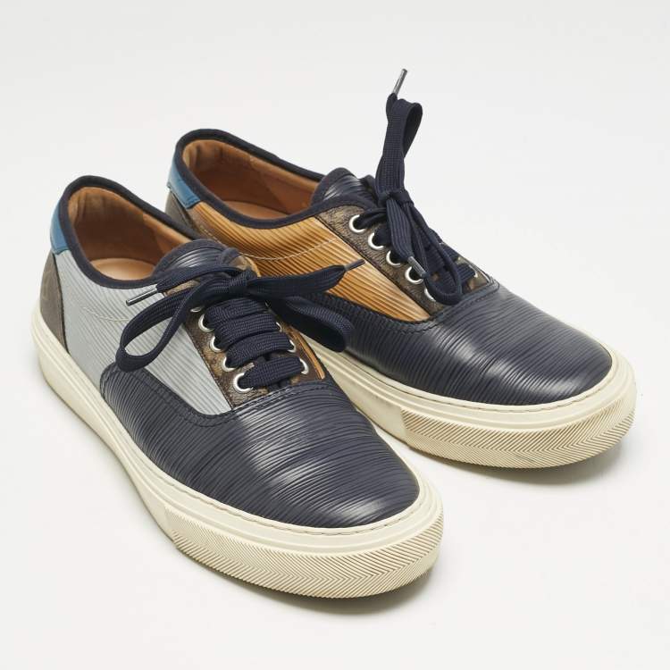 Pre Owned Louis Vuitton Blue/Beige Monogram Denim and Leather Low Top Sneakers Size 40.5