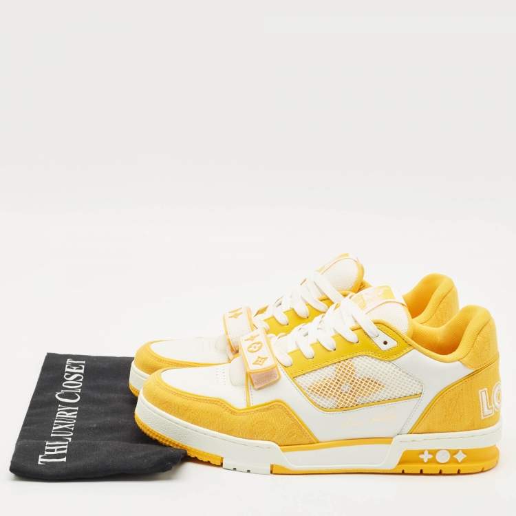 Pre Owned Louis Vuitton Yellow/White Monogram Denim and Leather  LV Trainer Sneakers Size 42