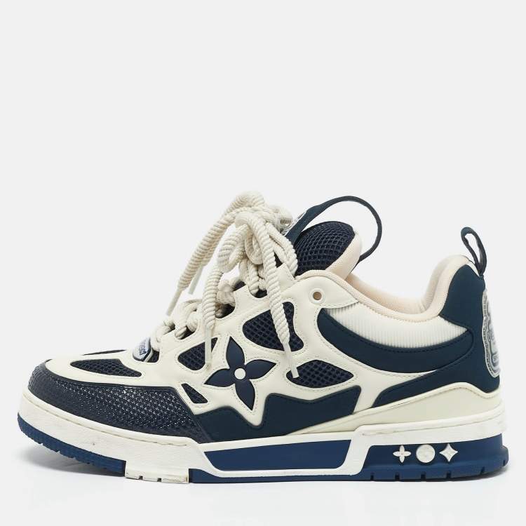 Pre Owned Louis Vuitton Navy Blue Mesh and Leather LV Skate Sneakers Size 42.5