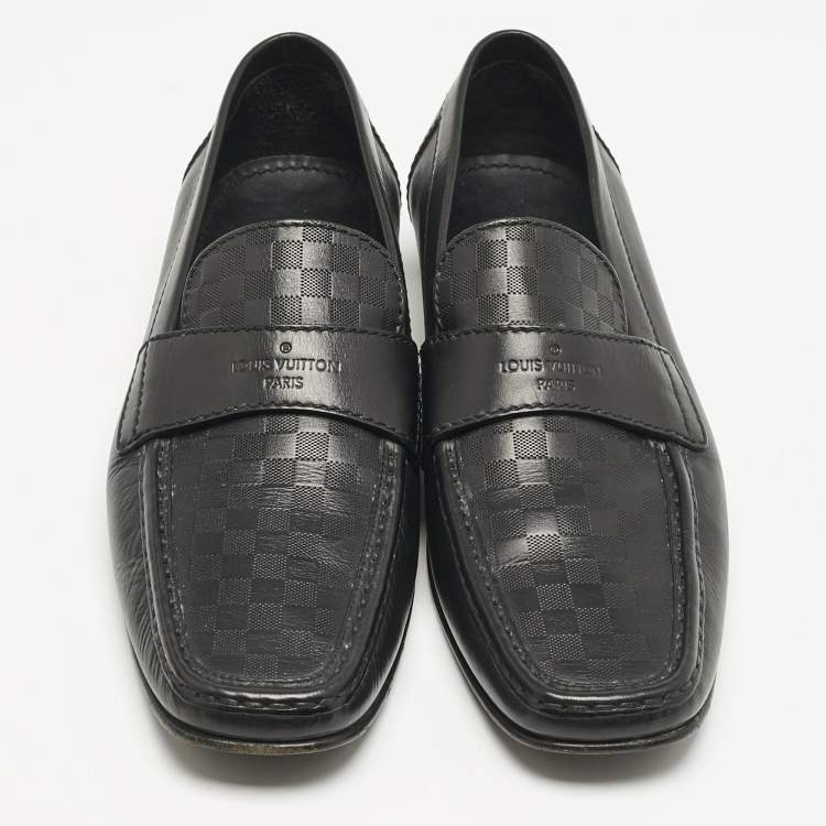 Pre Owned Louis Vuitton Black Leather Damier Embossed Santiago Slip On Loafers Size 44.5
