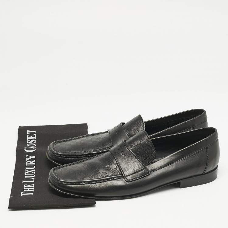 Pre Owned Louis Vuitton Black Leather Damier Embossed Santiago Slip On Loafers Size 44.5