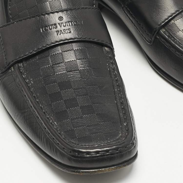 Pre Owned Louis Vuitton Black Leather Damier Embossed Santiago Slip On Loafers Size 44.5