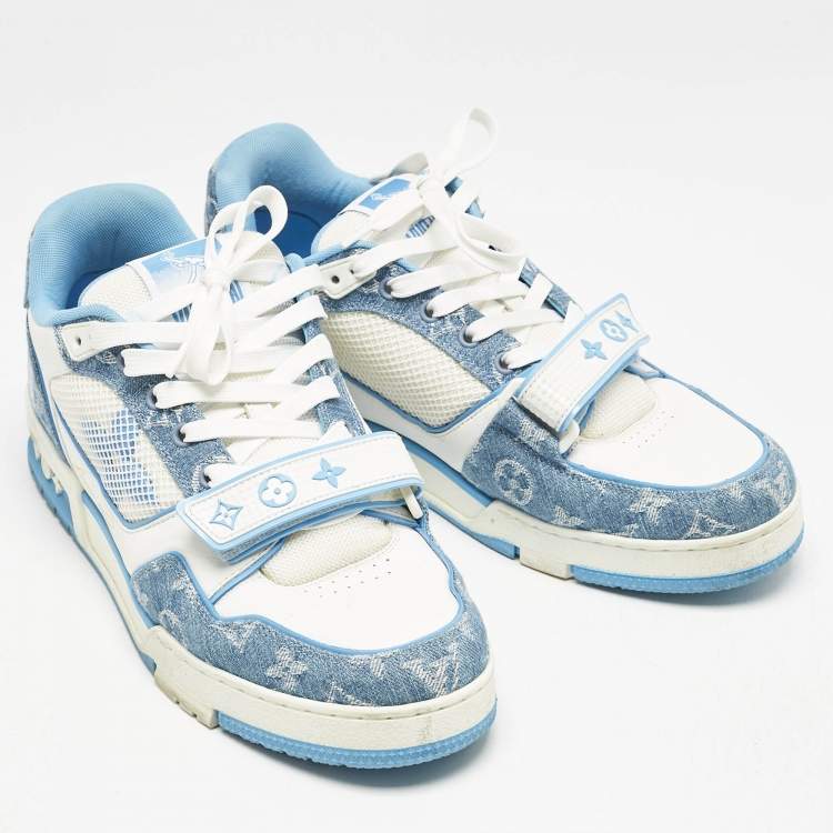 Pre Owned Louis Vuitton Blue Denim and Leather LV Trainer Low Top Sneakers Size 42
