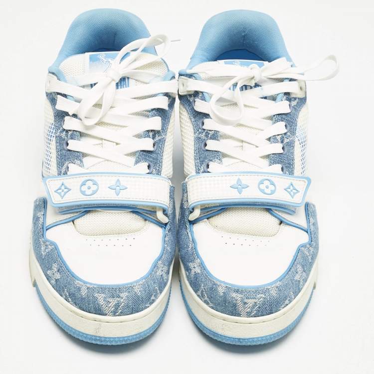 Pre Owned Louis Vuitton Blue Denim and Leather LV Trainer Low Top Sneakers Size 42