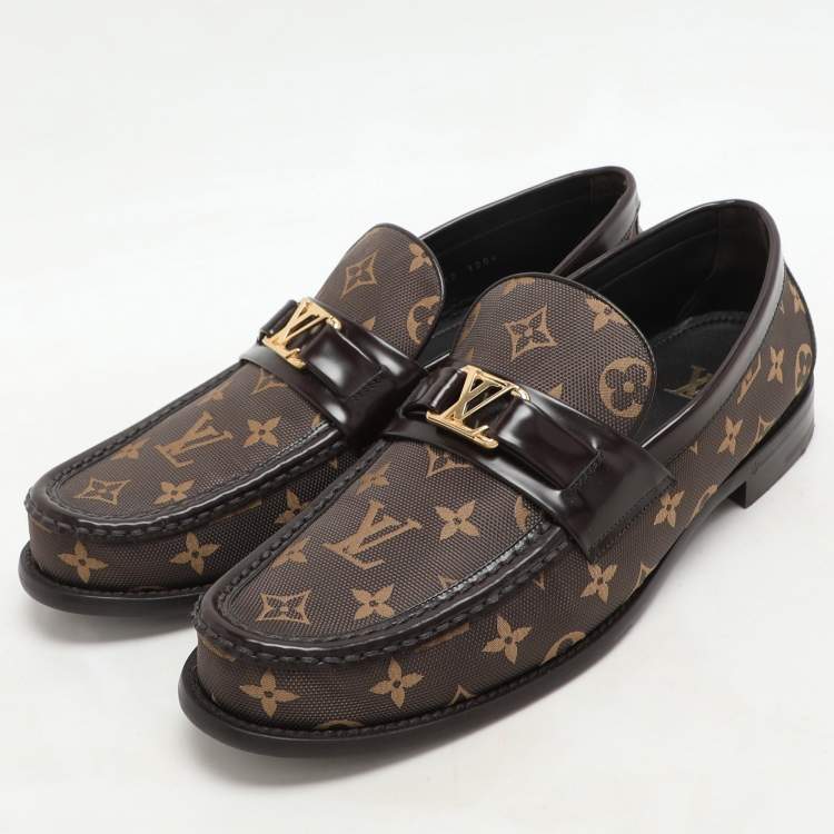 Pre Owned Louis Vuitton Brown Monogram Jacquard and Macassar Leather Major Loafers Size 43.5