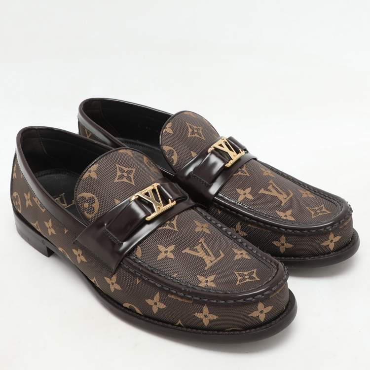 Pre Owned Louis Vuitton Brown Monogram Jacquard and Macassar Leather Major Loafers Size 43.5