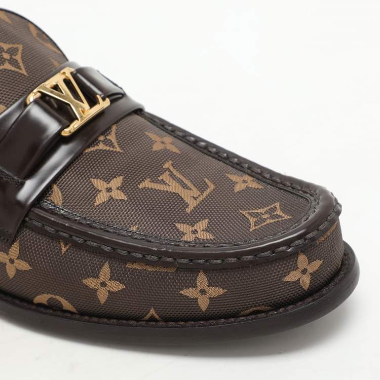 Pre Owned Louis Vuitton Brown Monogram Jacquard and Macassar Leather Major Loafers Size 43.5