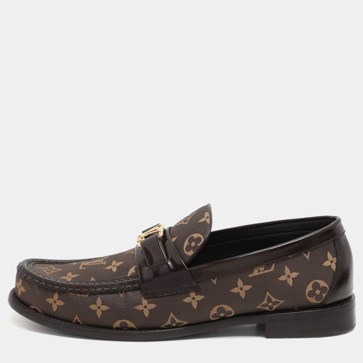Pre Owned Louis Vuitton Brown Monogram Jacquard and Macassar Leather Major Loafers Size 43.5