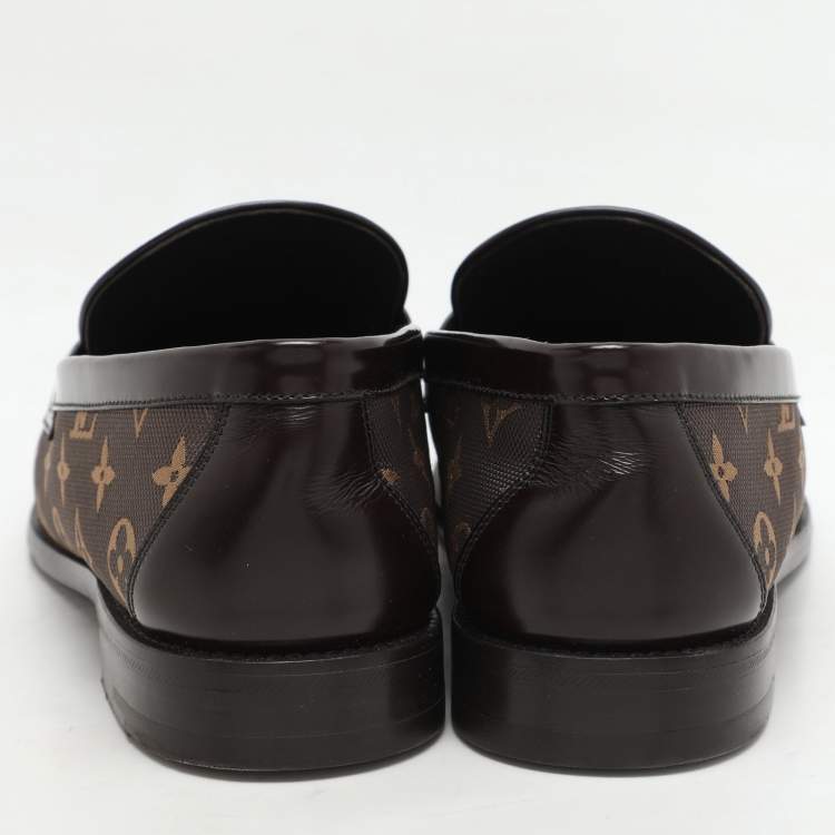 Pre Owned Louis Vuitton Brown Monogram Jacquard and Macassar Leather Major Loafers Size 43.5