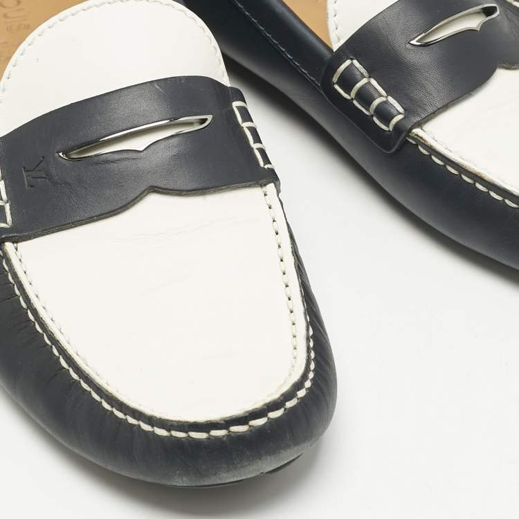 Pre Owned Louis Vuitton Blue/White Leather Shade Penny Loafers Size 44