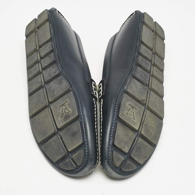 Pre Owned Louis Vuitton Blue/White Leather Shade Penny Loafers Size 44