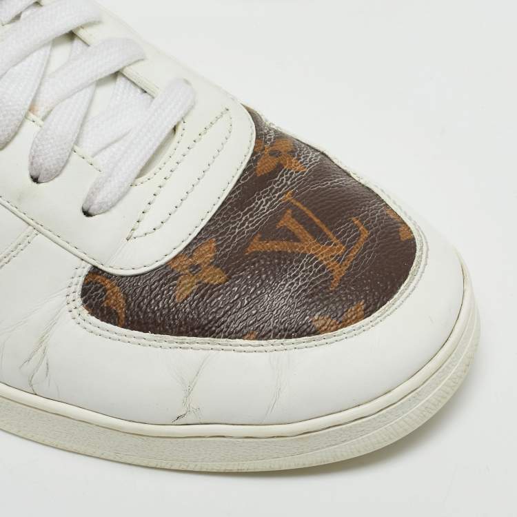 Pre Owned Louis Vuitton White Leather and Monogram Canvas Rivoli Sneakers Size 41