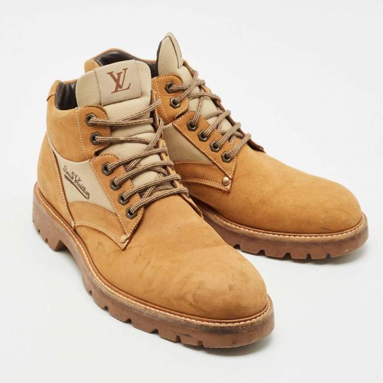 Pre Owned Louis Vuitton Beige Canvas and Nubuck Leather Oberkampf Ankle Boots Size 45
