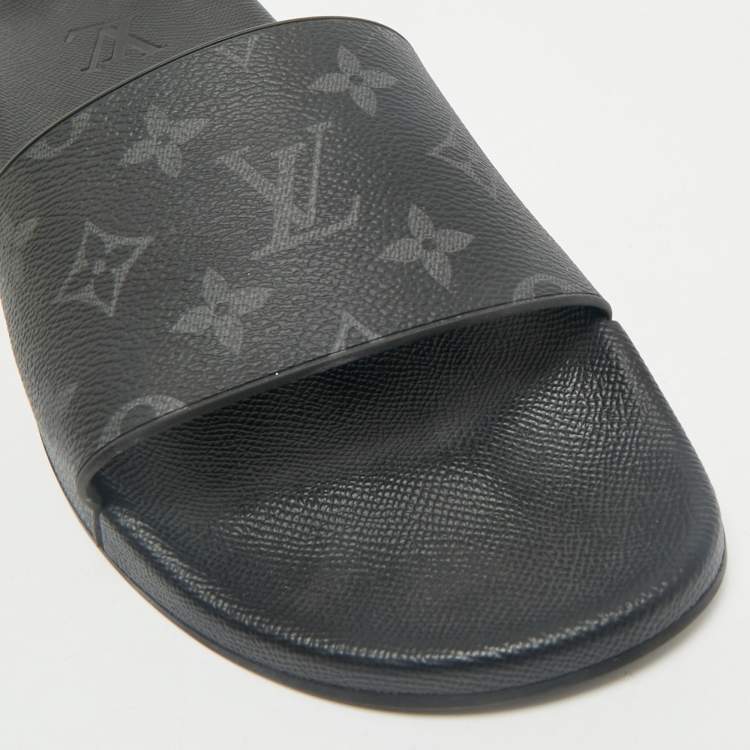 Pre Owned Louis Vuitton Black Graphite Damier Embossed Canvas Waterfront Flat Slides Size 41