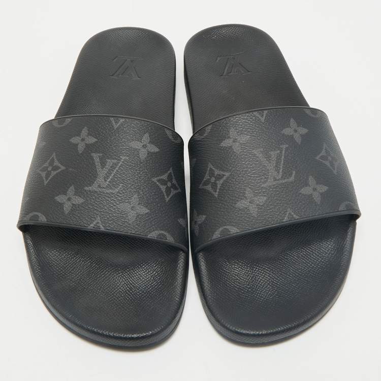 Pre Owned Louis Vuitton Black Graphite Damier Embossed Canvas Waterfront Flat Slides Size 41