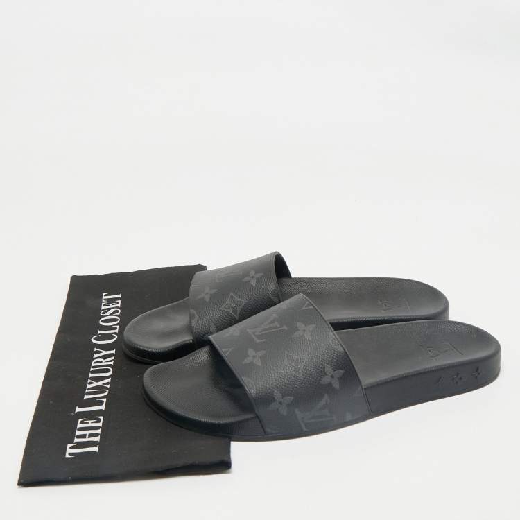 Pre Owned Louis Vuitton Black Graphite Damier Embossed Canvas Waterfront Flat Slides Size 41