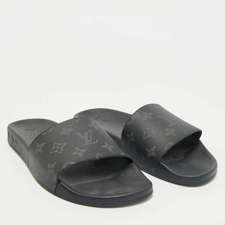 Pre Owned Louis Vuitton Black Graphite Damier Embossed Canvas Waterfront Flat Slides Size 41