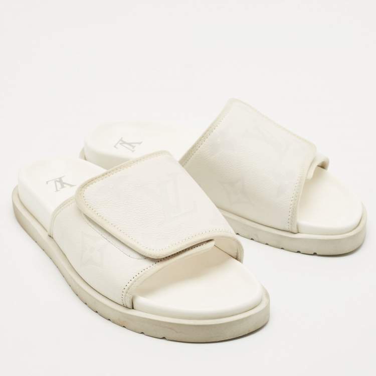 Pre Owned Louis Vuitton White Monogram Embossed Leather Miami Flat Slide Sandals Size 41