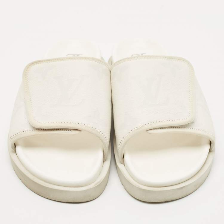 Pre Owned Louis Vuitton White Monogram Embossed Leather Miami Flat Slide Sandals Size 41