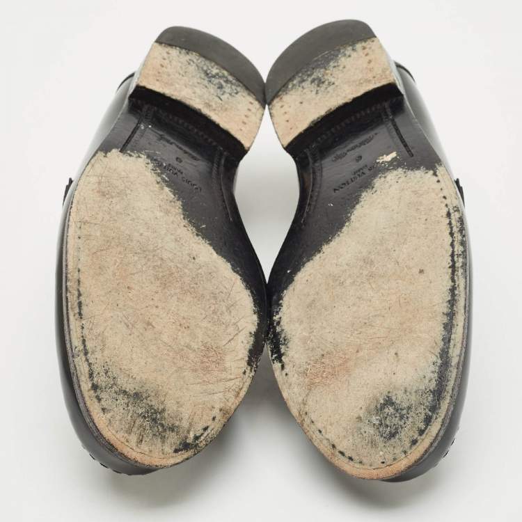 Pre Owned Louis Vuitton Black Leather Major Logo Slip On Loafers Size 42