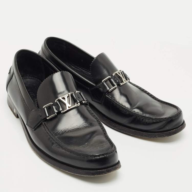 Pre Owned Louis Vuitton Black Leather Major Logo Slip On Loafers Size 42