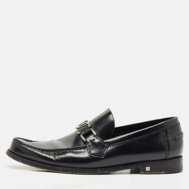 Pre Owned Louis Vuitton Black Leather Major Logo Slip On Loafers Size 42