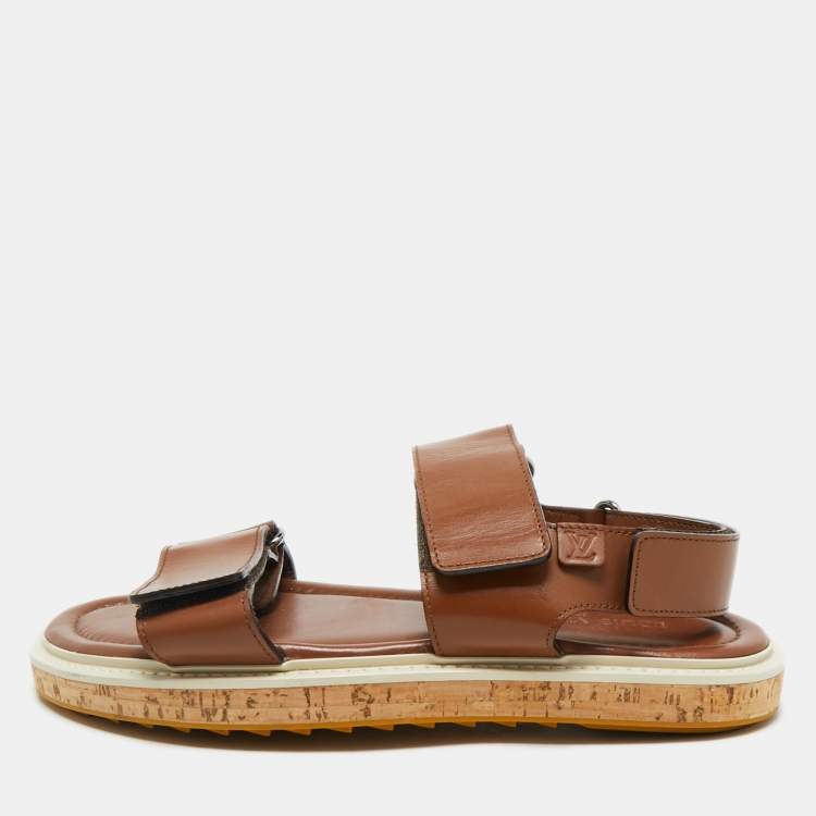 Pre Owned Louis Vuitton Brown Leather Velcro Strap Flat Sandals Size 41.5