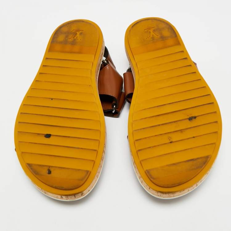 Pre Owned Louis Vuitton Brown Leather Velcro Strap Flat Sandals Size 41.5