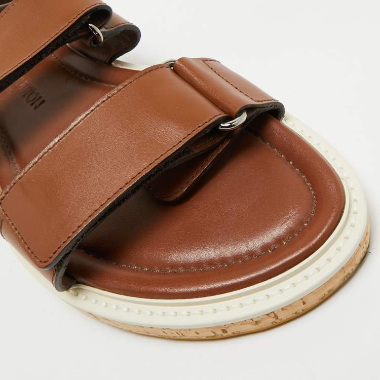 Pre Owned Louis Vuitton Brown Leather Velcro Strap Flat Sandals Size 41.5