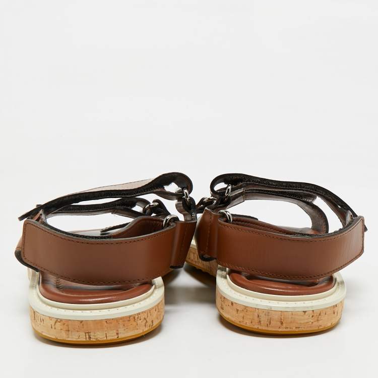 Pre Owned Louis Vuitton Brown Leather Velcro Strap Flat Sandals Size 41.5