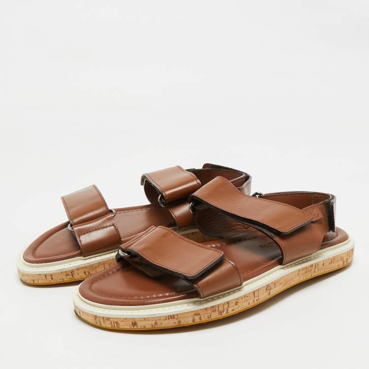Pre Owned Louis Vuitton Brown Leather Velcro Strap Flat Sandals Size 41.5