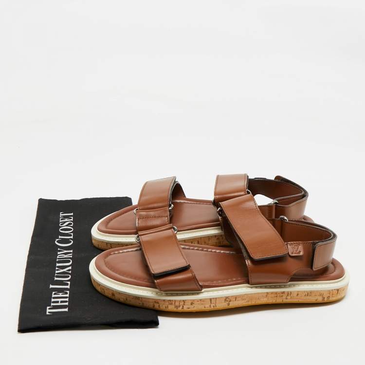 Pre Owned Louis Vuitton Brown Leather Velcro Strap Flat Sandals Size 41.5